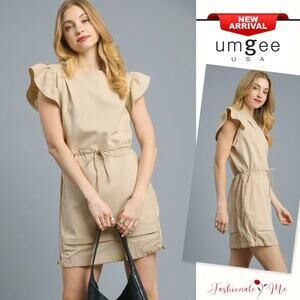 Umgee Luxe knit Ruffle Sleeves Drawstring Waist Side Pockets Mini Dress | Latte